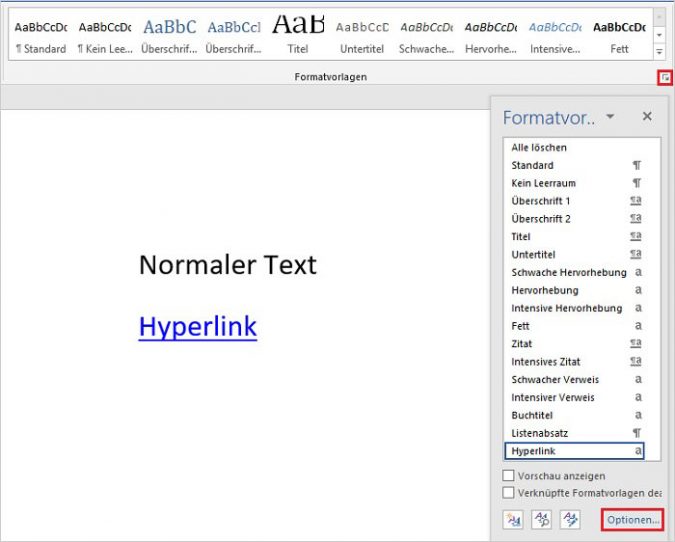 Word Hyperlinks in Farbe
