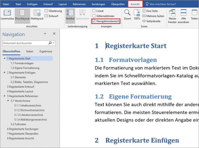 Word - Navigationsbereich