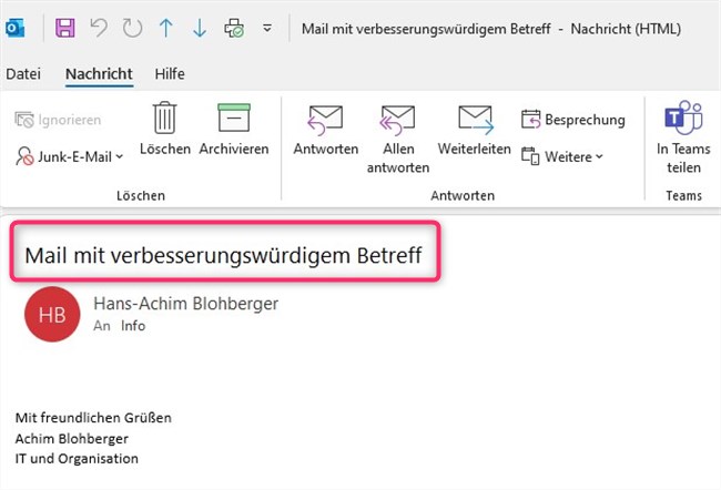 Screenshot Outlook Betreff