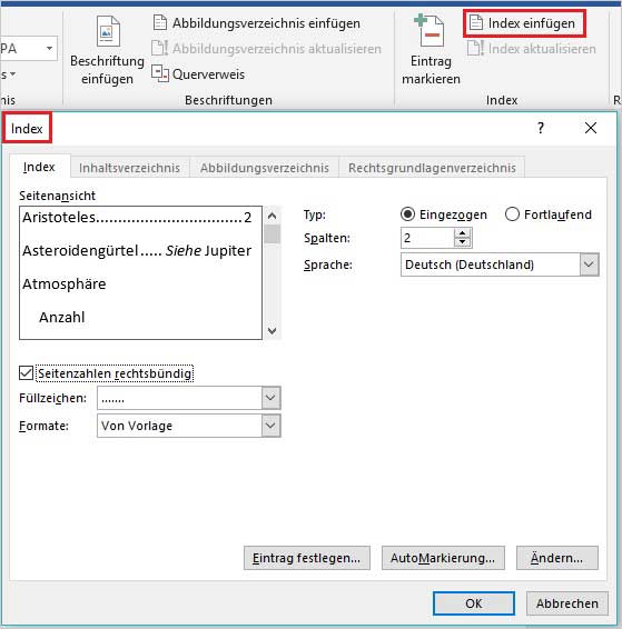 Stichwortverzeichnis mit Word