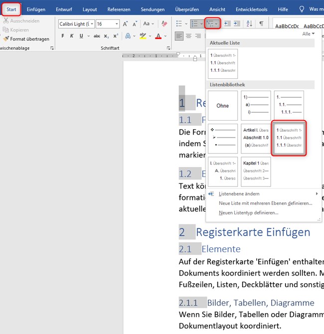 Überschriften nummerieren. Screenshot 2