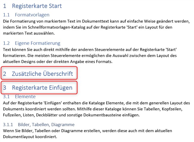 Überschriften nummerieren. Screenshot 3
