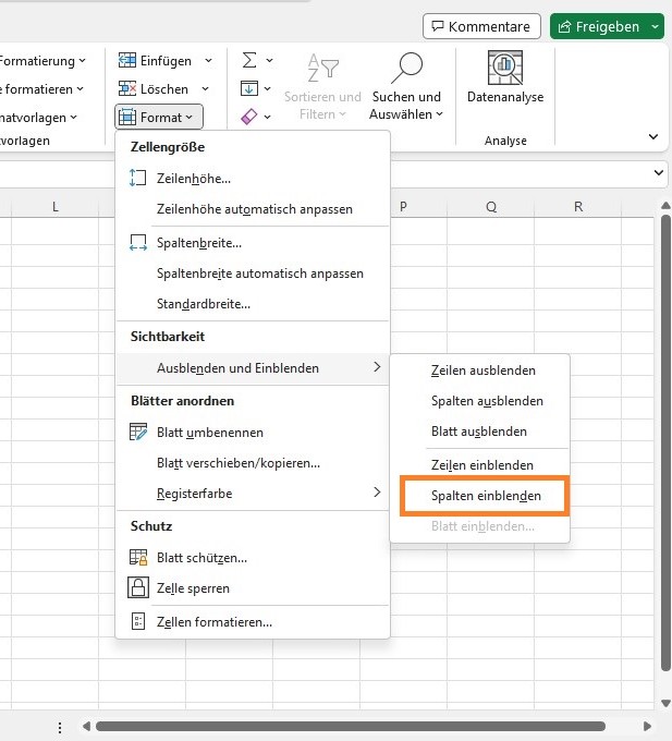 Excel Spalten ausblenden