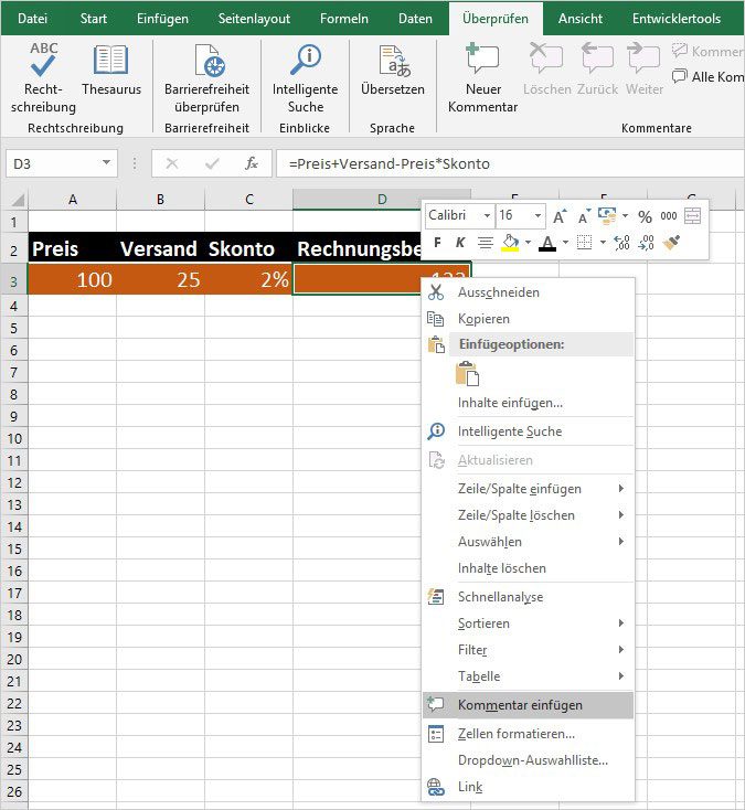 Excel Kommentare in Formeln