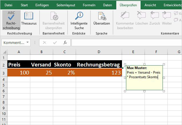 Excel Kommentare in Formeln