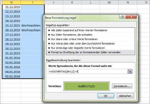 Excel Wochenenden farbig hervorheben