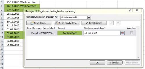 Excel Wochenenden farbig hervorheben