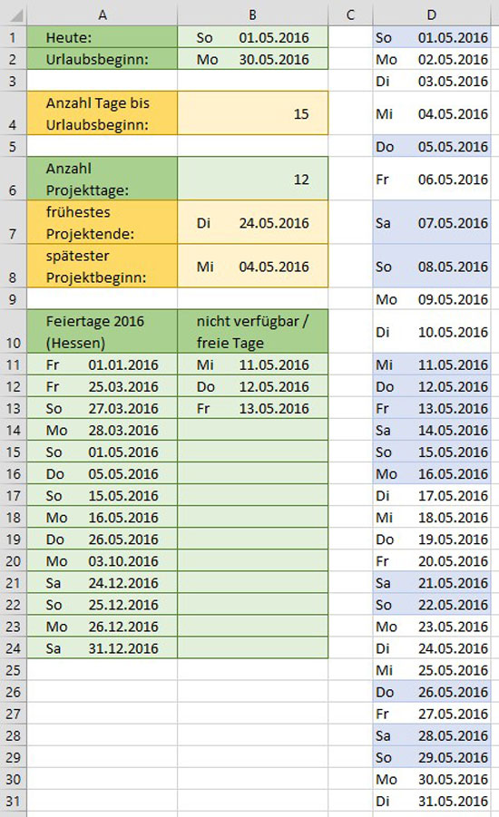 Excel - Rechnen mit Feiertagen