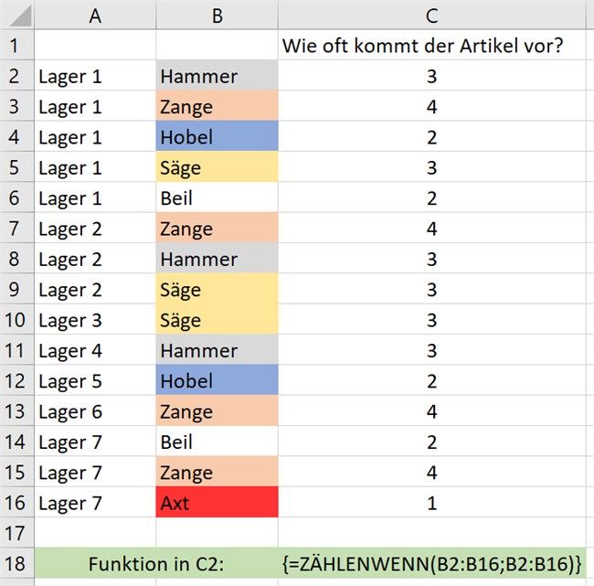 Screenshot 2 - Unterschiedliche Einträge in Excel Liste