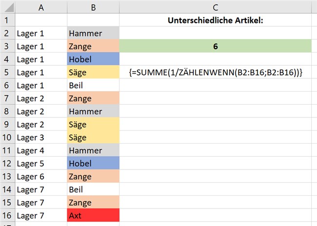Screenshot 5 - Unterschiedliche Einträge in Excel Liste