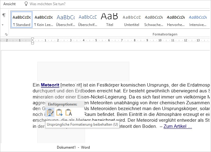 Word - Text unformatiert einfügen