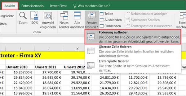 Excel - Überschriften fixieren