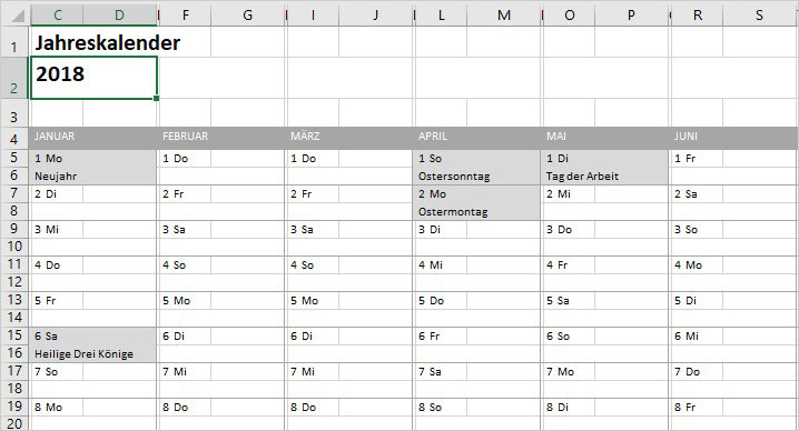 Excel Jahreskalender
