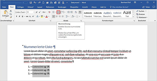Word - Nummerierte Liste