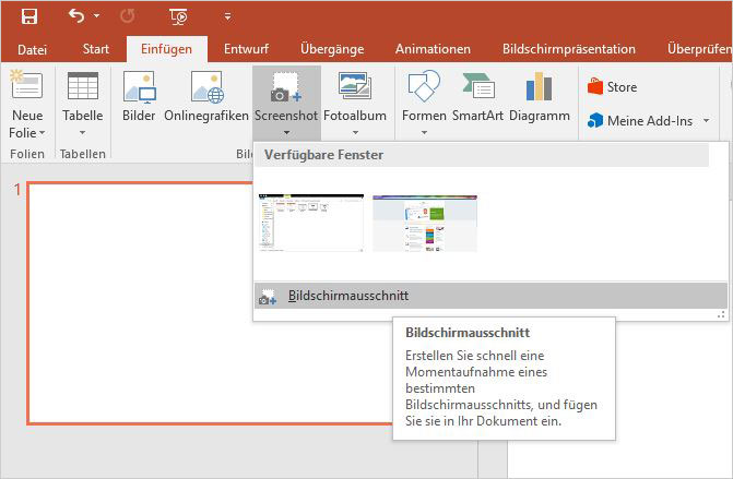 Öffnen Sie das Fenster, von dem Sie einen Ausschnitt in Ihre PowerPoint-Präsentation integrieren wollen. Wichtig ist, dass das Fenster nicht minimiert ist, sodass Sie später den gewünschten Bereich auswählen können. Durch Klicken auf das PowerPoint-Symbol in der Taskleiste gelangen Sie wieder zu Ihrer Präsentation.