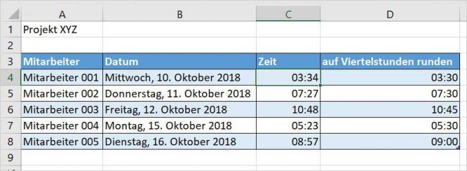 Excel - auf eine Viertelstunde runden