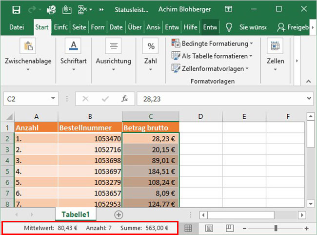 Excel Statusleiste anpassen