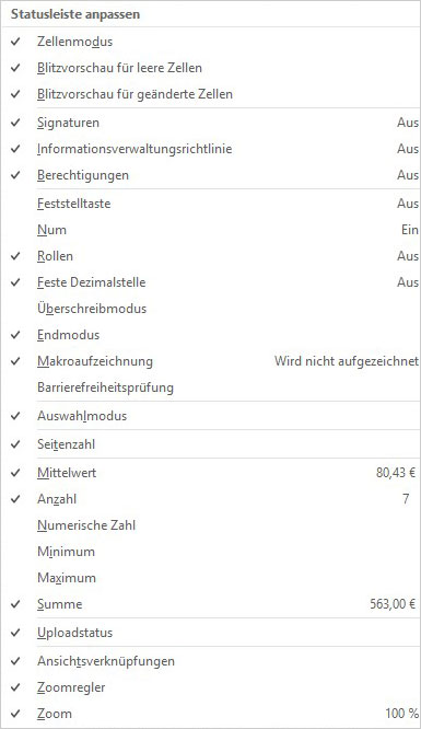 Excel - Statusleiste anpassen