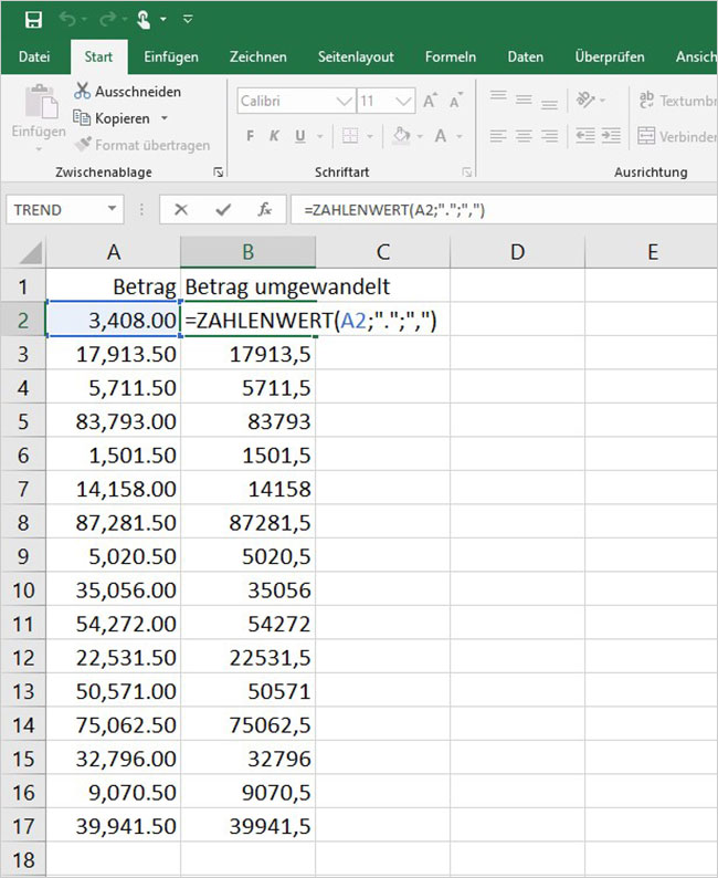 Excel: Amerikanische Zahlen in Werte umwandeln