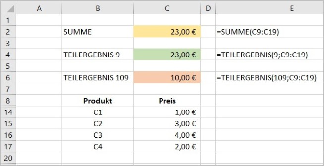 Excel - Funktion Teilergebnis 3