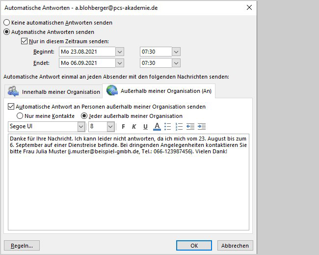 Outlook: Automatische Antwort bei Abwesenheit