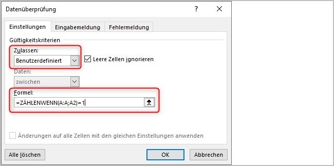 Excel - 2 Eingabe von doppelten Werten verhindern.