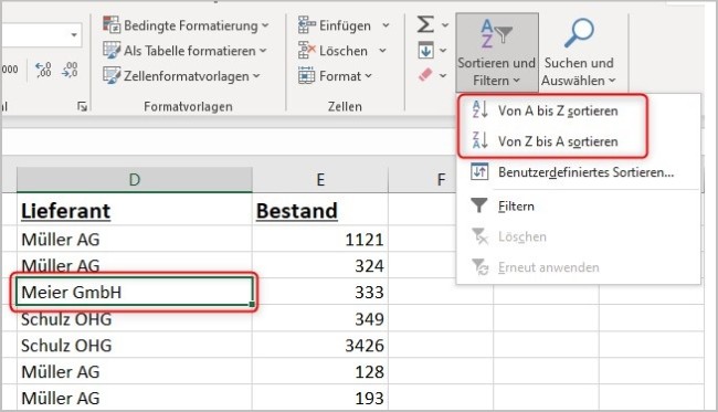 Excel Sortieren von Tabellen 2