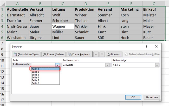 Screenshot 4 - Excel Sortieren nach Zeilen